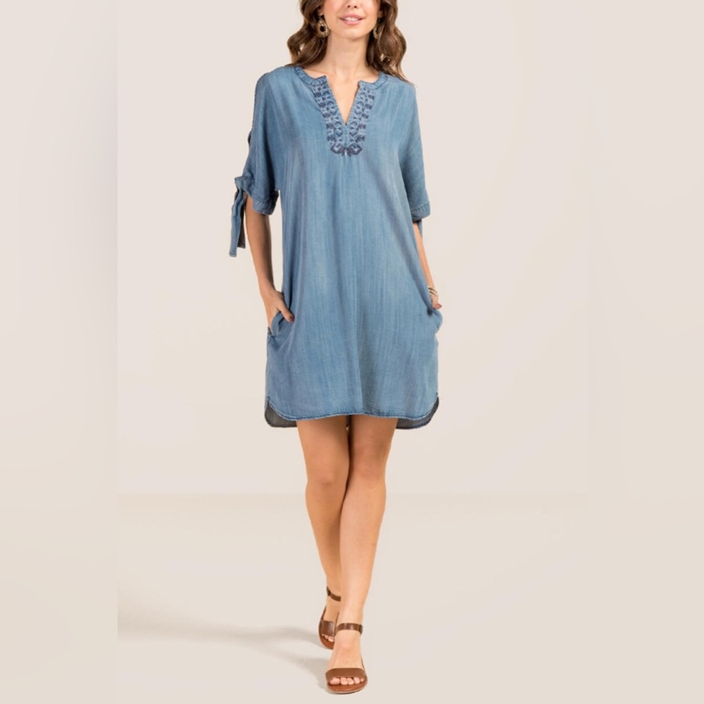 Blue Rain Cold Shoulder Denim Embroidered Dress Size Extra Small XS